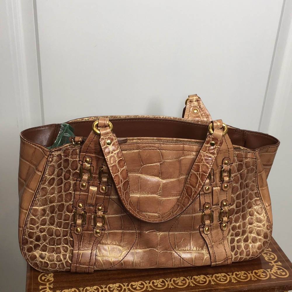 Cole Haan Caramel Leather Croc Design Handbag Gold Metal Details M